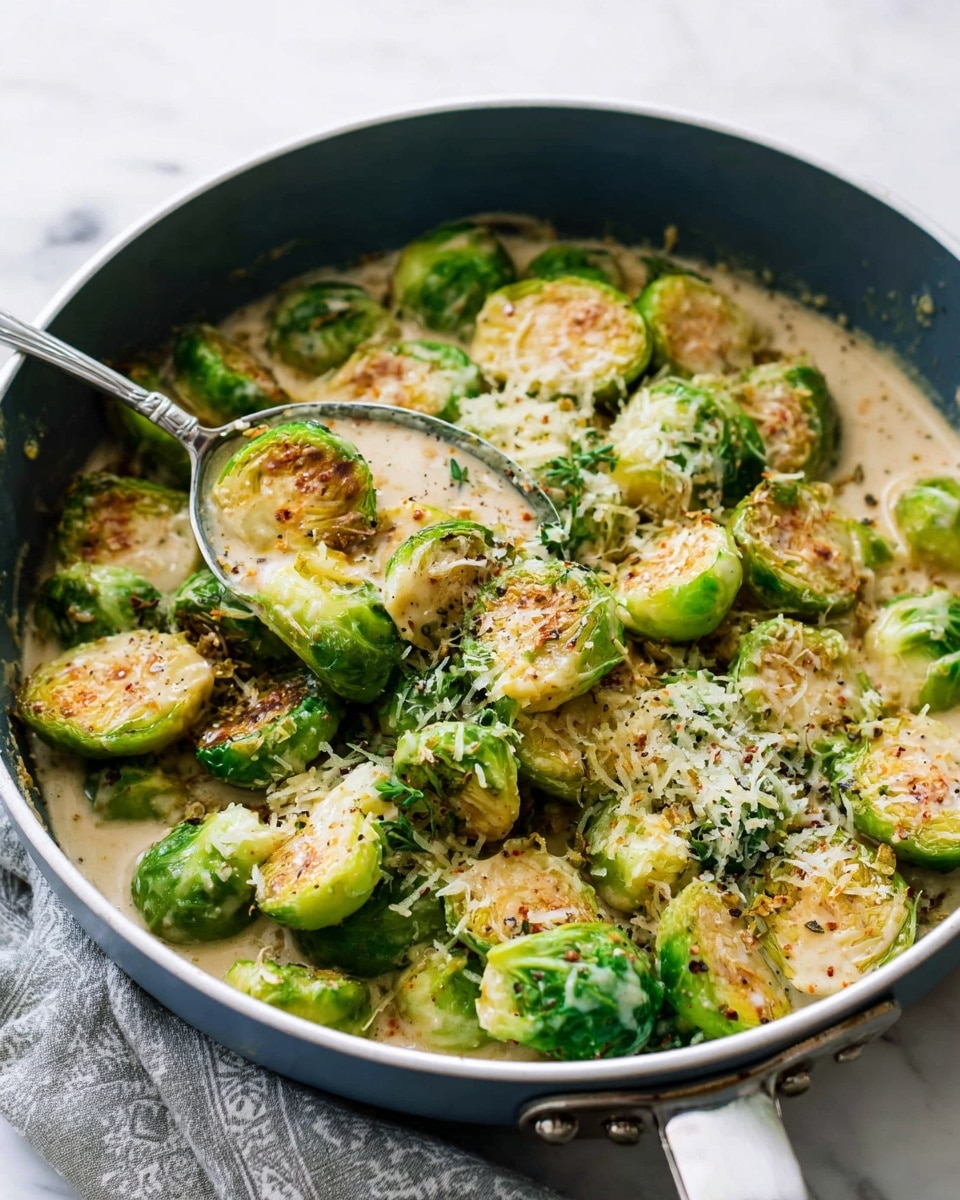 A close-up view of a blue frying pan filled with cooked Brussels sprouts cut in half, showing bright green and light brown seared surfaces. The sprouts are coated in a creamy pale sauce sprinkled with finely grated light yellow cheese. A metal spoon rests inside the pan, under some Brussels sprouts, lifting them slightly. The pan sits on a white marbled surface with a soft, gray patterned cloth partially visible on the lower left edge of the image. photo taken with an iphone --ar 4:5 --v 7