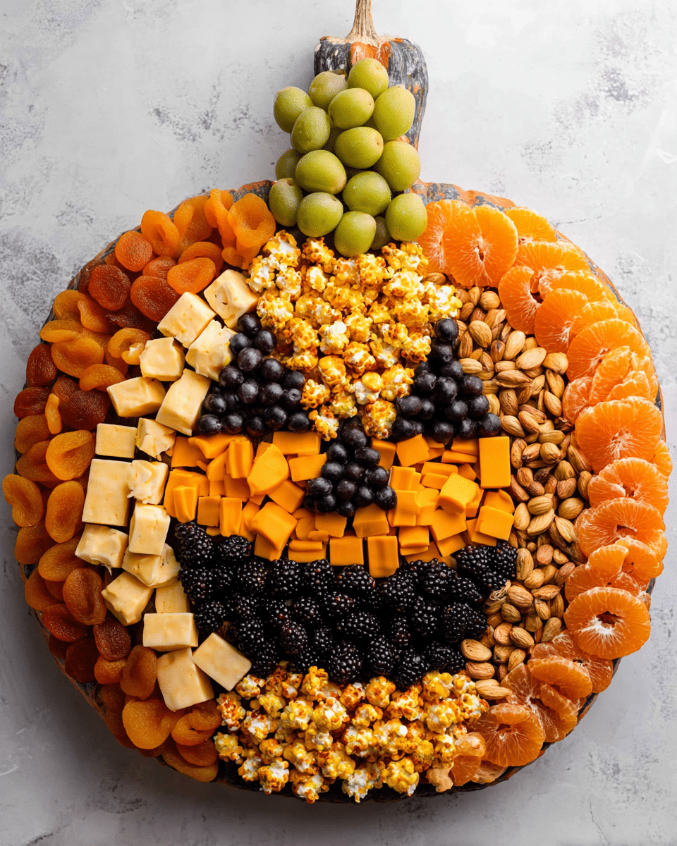 A round pumpkin-shaped charcuterie board features a variety of colorful items arranged in layers to form a smiling face on a white marbled texture. The outer edge is lined with peeled orange mandarin segments on the right side and dried apricots on the left, both bright orange. Moving inward, there are layers of orange cheddar cubes, orange crackers, yellow cheese cubes, and beige nuts positioned in sections around the board. The pumpkin’s stem is made of sliced green cucumber pieces stacked vertically at the top. For facial features, large black grapes form a wide smile near the bottom, with clusters of blackberries placed in the center for the nose and below it. Two triangular sections of dark chocolate chips represent the eyes, each topped with black olives. Bright orange popcorn and small orange puffs create texture in vertical lines from top to bottom. The whole board displays a bright, festive mix of orange, yellow, and black items arranged neatly to look like a happy pumpkin face. Photo taken with an iphone --ar 4:5 --v 7