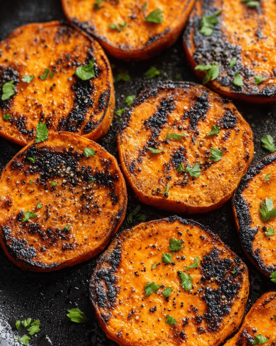 The image shows a black round pan filled with roasted sweet potato slices, arranged closely but not overlapping. Each slice is thick with a bright orange color, slightly charred edges in black, and speckled with black pepper. Small green herb leaves are scattered on top, adding a fresh contrast to the orange and black colors. The surface of the sweet potato slices looks glossy with a light coating of oil. The background is a white marbled texture. photo taken with an iphone --ar 4:5 --v 7