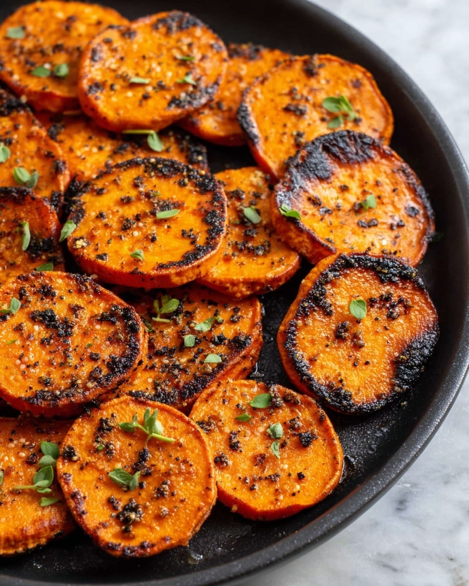 The image shows several thick, round slices of grilled sweet potato placed close together in a dark pan. Each slice has a charred black edge and some black burnt spots on the bright orange flesh, creating a contrast of colors. Small green parsley leaves are scattered on top, adding a fresh touch. The surface of each slice glistens with oil, and some black pepper is sprinkled over them. The overall look is warm, cooked, and slightly crispy on the edges. Photo taken with an iphone --ar 4:5 --v 7