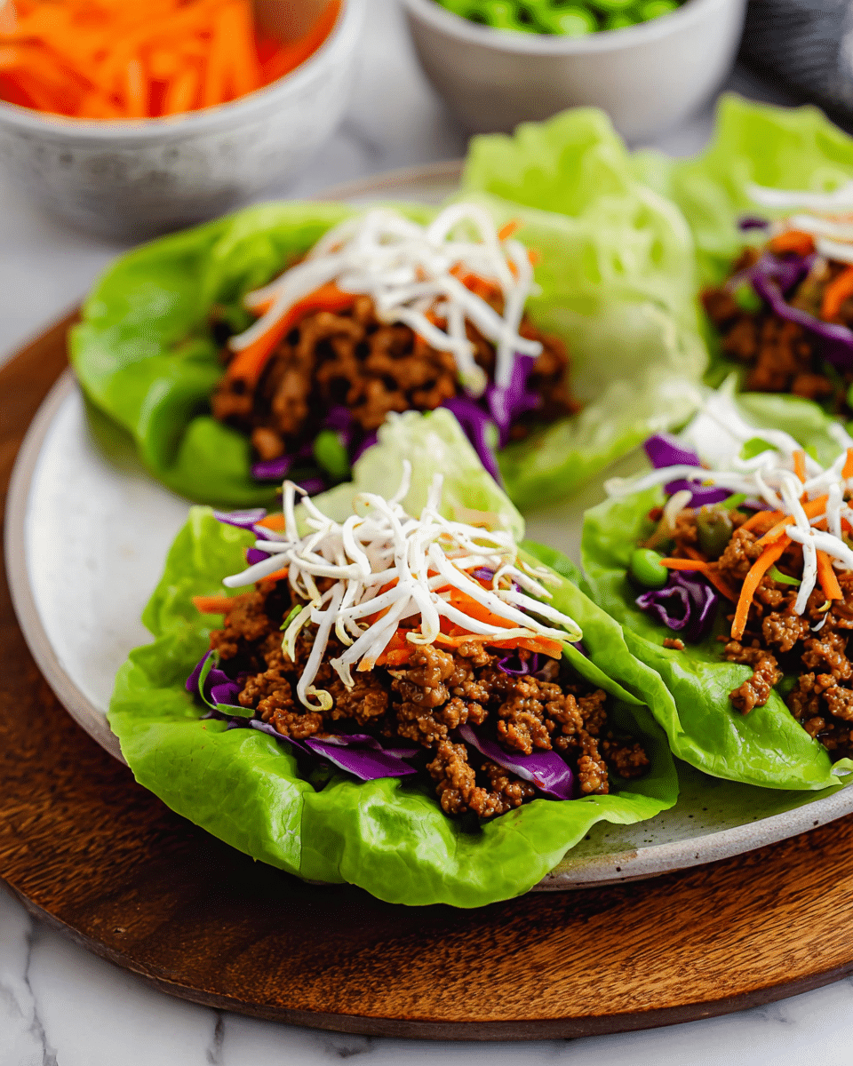 This image shows three lettuce wraps arranged on a white plate placed on a wooden board over a white marbled surface. Each wrap is made with bright green lettuce leaves forming a cup shape as the bottom layer. Inside, there is a layer of cooked ground meat colored brown and crumbly with small pieces visible, topped with thin strips of orange carrot and shredded purple cabbage for color contrast. Thin white crispy noodles are placed as the final layer on top of the meat and vegetables, adding texture and lightness to the dish. In the background, small white bowls hold additional shredded carrots and green peas, slightly blurred. Photo taken with an iphone --ar 4:5 --v 7