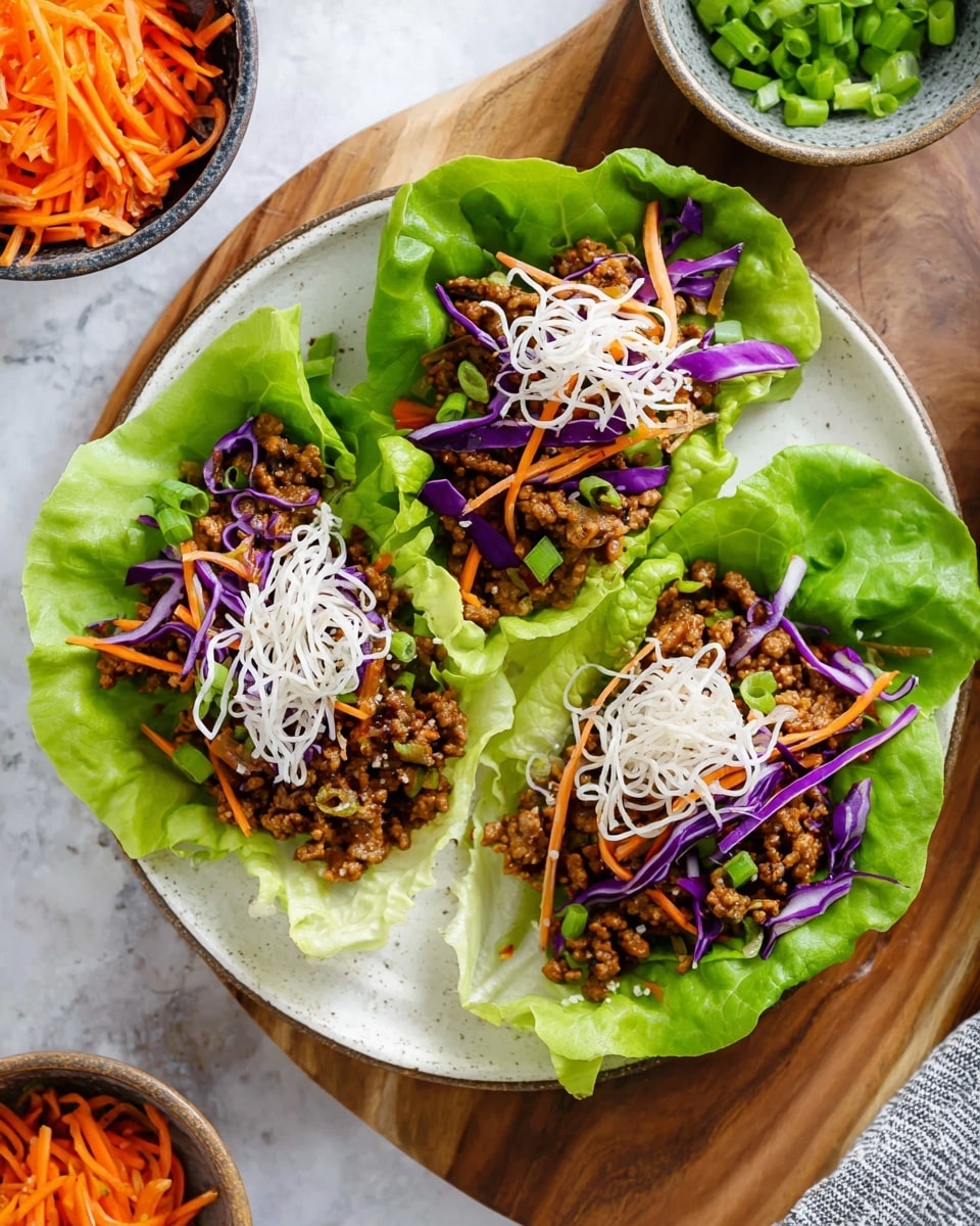 The image shows three lettuce wraps arranged on a white plate; each wrap has a bright green lettuce leaf as the base, filled with a mixture of cooked ground meat that is brown and slightly chunky, topped with thin strips of purple cabbage and small bits of orange carrots, finished with a delicate pile of crispy white rice noodles on top. Around the plate, there are small bowls visible with shredded orange carrots and chopped green onions, with the whole setting placed on a wooden board atop a white marbled textured surface. Photo taken with an iphone --ar 4:5 --v 7