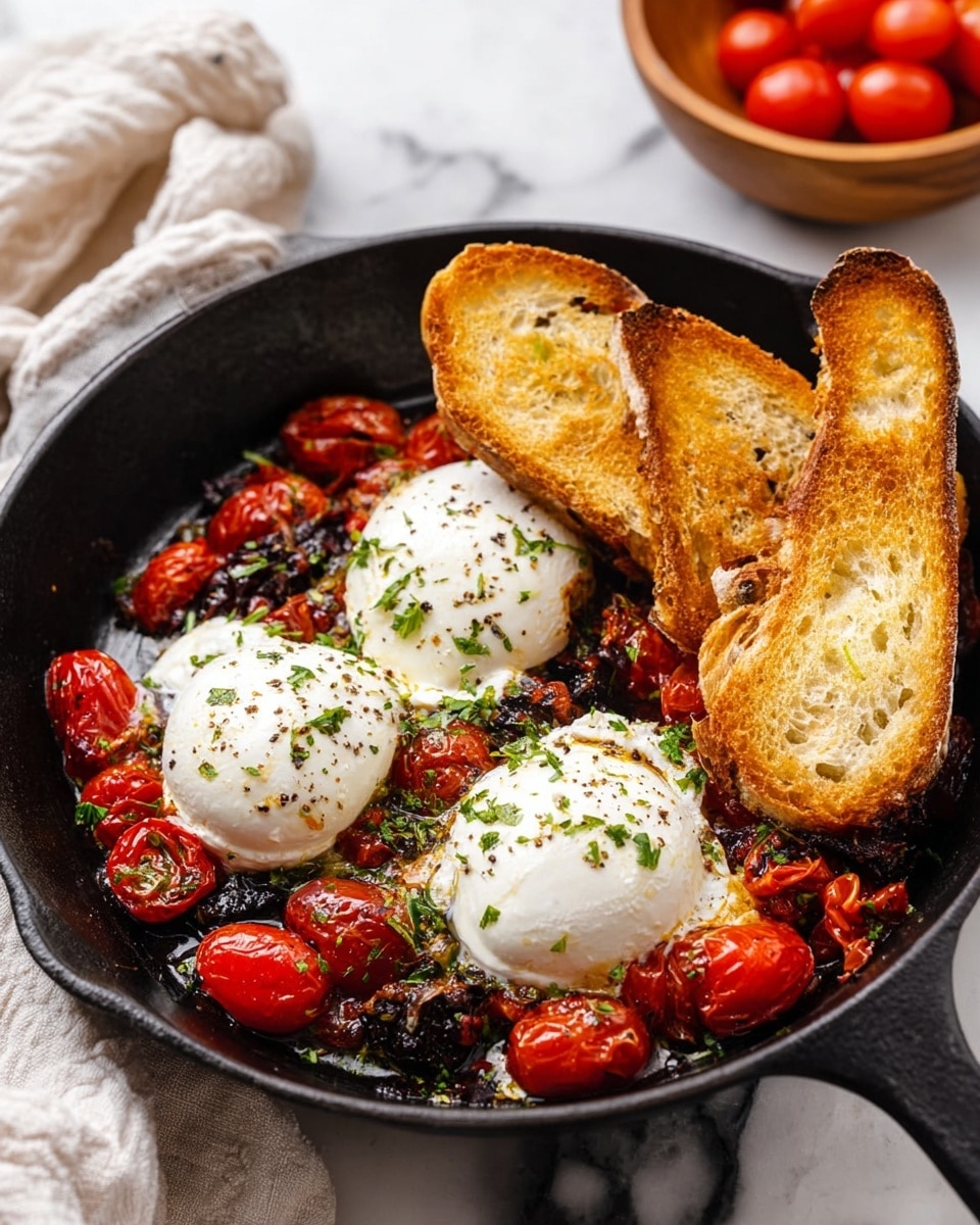 A black skillet filled with three white, soft mozzarella balls sprinkled with green herbs and black pepper, sitting on a bed of roasted cherry tomatoes that are vibrant red with some charred, darkened edges. Three toasted slices of golden-brown bread rest partly on top of the cheese and tomatoes, adding a crisp texture contrast to the dish. The skillet is placed on a white marbled surface with a light-colored cloth nearby and a wooden bowl of red cherry tomatoes in the background. photo taken with an iphone --ar 4:5 --v 7