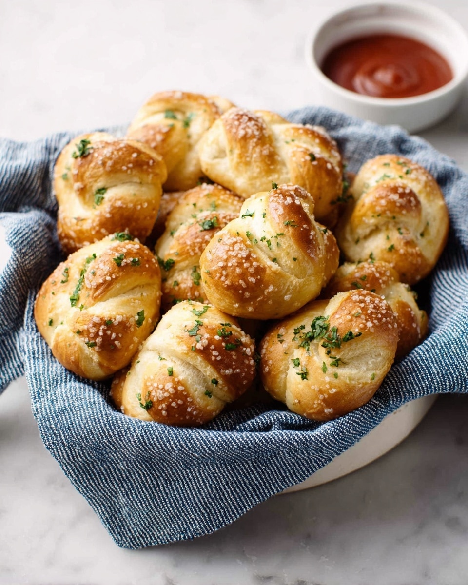A white bowl lined with a blue and white striped cloth holds several golden brown knotted breadsticks topped with small green herb pieces and white grated cheese. The breadsticks are stacked in a loose pile, showing their soft, textured surface with a slight shine. In the background, a small white bowl with red marinara sauce is partially visible, sitting on a white marbled surface. The overall feel is warm and inviting, with a focus on the fluffy, garlic herb breadsticks. photo taken with an iphone --ar 4:5 --v 7