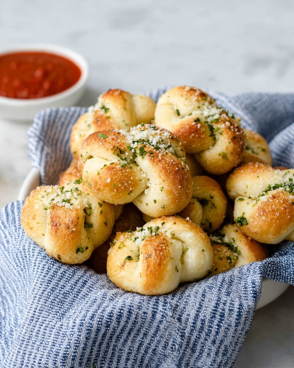 A white bowl lined with a blue and white striped cloth holds about ten golden-brown soft pretzel knots. Each knot is round and twisted, topped with a light sprinkle of coarse salt and finely chopped green herbs that add color contrast. The pretzels’ surface looks lightly crisp with a fluffy inside visible at some edges. To the side, there is a small white bowl with red dipping sauce partially visible. The whole scene is set on a white marbled surface. photo taken with an iphone --ar 4:5 --v 7