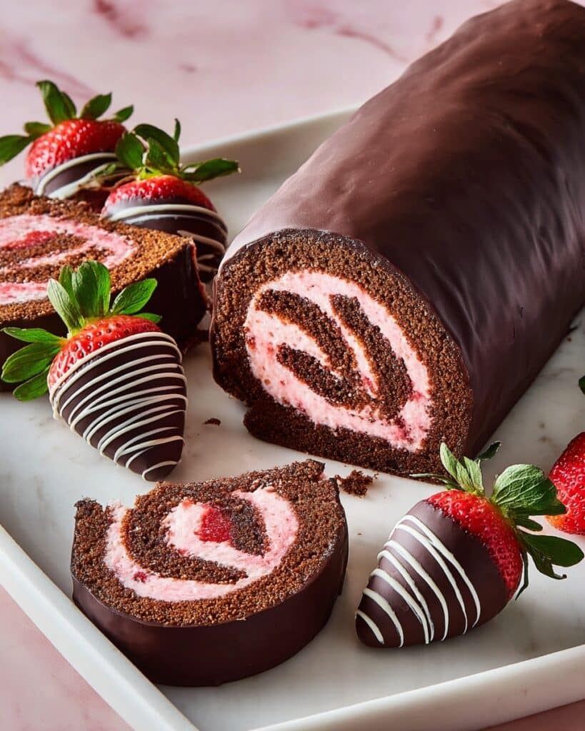 Chocolate-Covered Strawberry Swiss Roll Cake Recipe