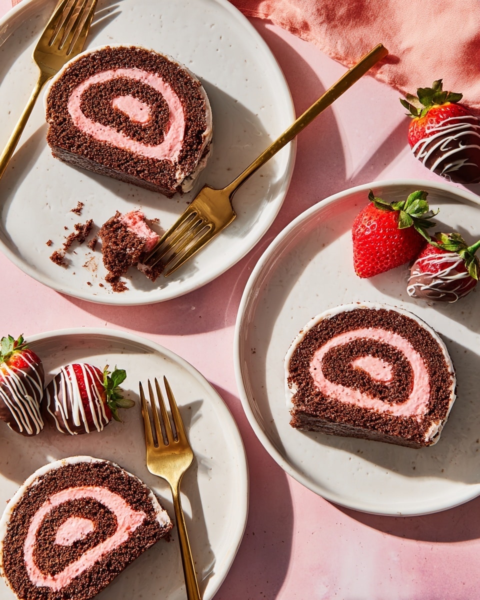 Three white plates lie on a pink background with a white marbled texture, each holding a slice of chocolate roll cake with a bright pink swirl cream filling, showing two clear spiral layers. Two golden forks rest on two of the plates, one fork is cutting into a cake slice with crumbs scattered around. Two fresh strawberries dipped halfway in dark chocolate and drizzled with white chocolate sit beside two of the plates, adding red, brown, and white pops of color to the scene. The lighting is bright and natural, highlighting the rich textures and colors of the cake and strawberries. Photo taken with an iphone --ar 4:5 --v 7