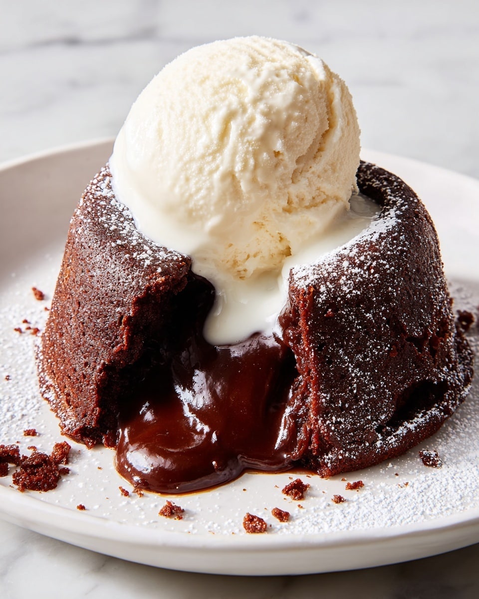 A white plate holds a warm chocolate lava cake with a rich, dark brown outer layer that is slightly crumbly with a soft texture. The cake is cut open, revealing a thick, glossy, molten chocolate center flowing out slowly. On top of the cake sits a large scoop of creamy vanilla ice cream, smooth and pale off-white in color, with some melting drips running down the side onto the plate. The plate is dusted lightly with powdered sugar, and the whole scene is set on a white marbled surface. photo taken with an iphone --ar 4:5 --v 7