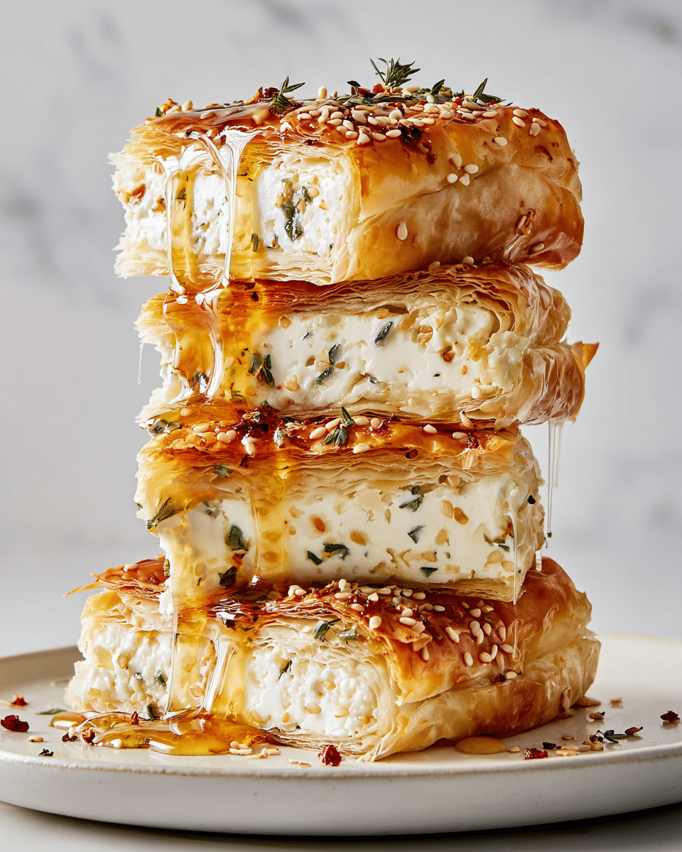 A stack of four rectangular pastry pieces sits on a white plate, each filled with a creamy white cheese that contains small bits of herbs. The thin, golden-brown pastry layers are crisp with slightly darker, toasted edges. Golden honey is drizzled generously over the top, dripping down the sides, and sprinkled with white sesame seeds, small green herb leaves, and red chili flakes. The background shows a clean, white marbled texture. photo taken with an iphone --ar 4:5 --v 7