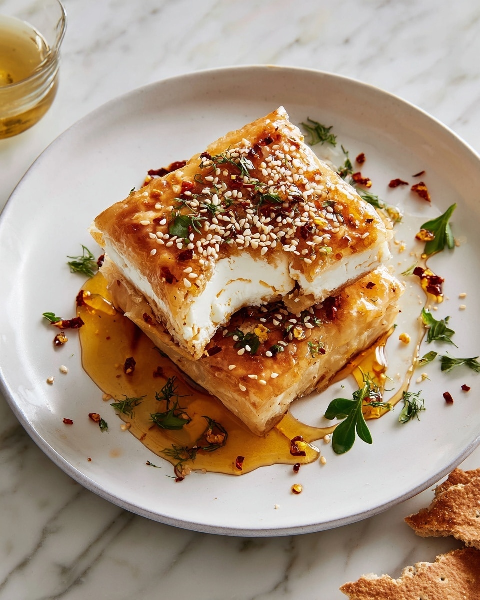 On a white plate with a subtle texture, two square layers of golden-brown, crispy pastry are stacked, the top one slightly broken to show a thick, creamy white cheese filling inside. The pastry is sprinkled with small white sesame seeds, fresh green herb leaves, and red chili flakes. Around the pastry, there is a glossy drizzle of amber honey, pooled slightly and adding shine. The plate sits on a white marbled surface, with a few scattered herb leaves and a piece of crispy brown cracker partially visible at the bottom right. photo taken with an iphone --ar 4:5 --v 7