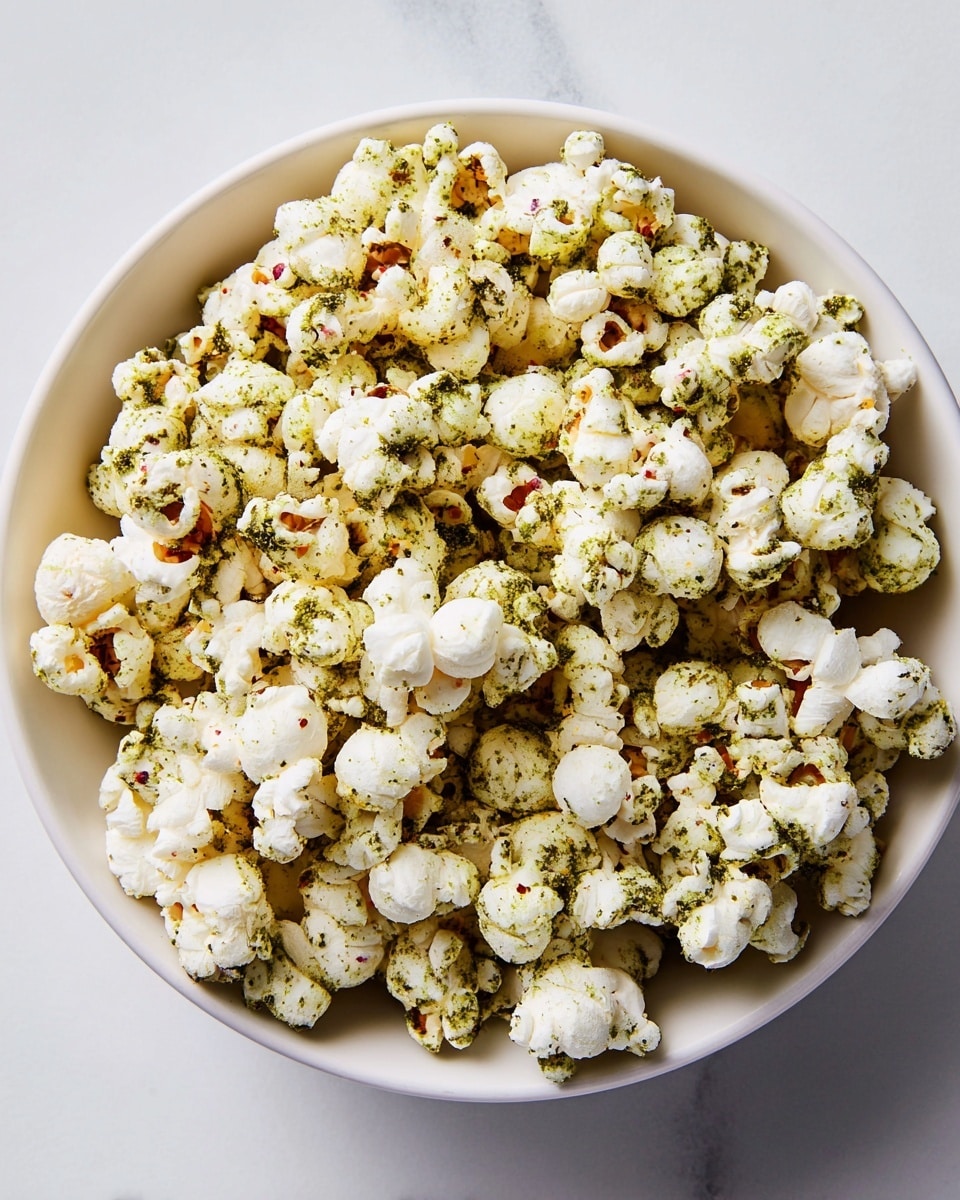 A white bowl filled with popped popcorn that is lightly coated with green seasoning flecks and tiny red specks, giving it a speckled green and red look on the white popcorn pieces. Each popcorn piece shows a rough, fluffy texture with uneven shapes and some have more seasoning than others. The bowl sits on a white marbled surface, adding a clean and simple background to the snack. photo taken with an iphone --ar 4:5 --v 7