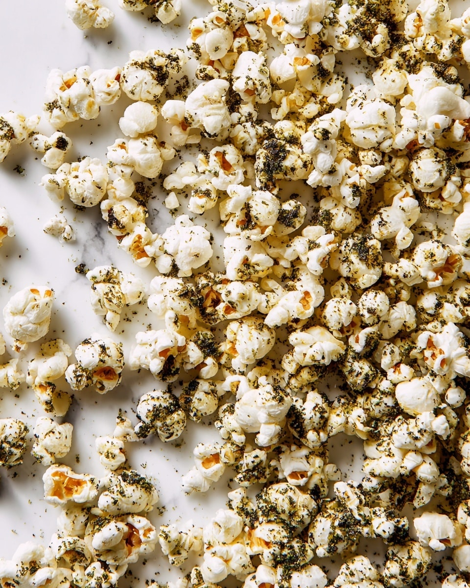 The image shows many pieces of popcorn spread out on a white marbled surface. The popcorn is white with uneven patches of dark green seasoning sprinkled all over, giving a mix of white and green colors. Some popcorn kernels are fully covered in seasoning, while others have small sprinkles. The seasoning looks coarse and adds a textured look to the popcorn. The overall scene is bright with a clear focus on the scattered popcorn and seasoning details. photo taken with an iphone --ar 4:5 --v 7