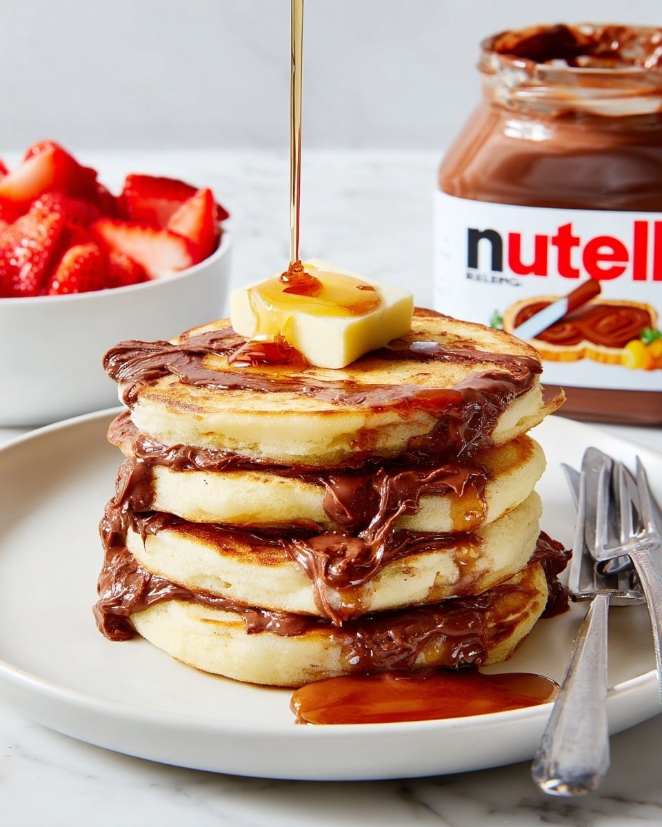 A stack of four thick pancakes on a white plate, with a square piece of yellow butter melting on top and golden syrup being poured over it; the pancakes have a golden-brown surface with light and darker spots, and the middle two layers show melted chocolate oozing out in between, creating a rich texture; on the side, a red strawberry partially covered in syrup sits on the white marbled surface, with syrup pooling at the base of the stack. photo taken with an iphone --ar 4:5 --v 7