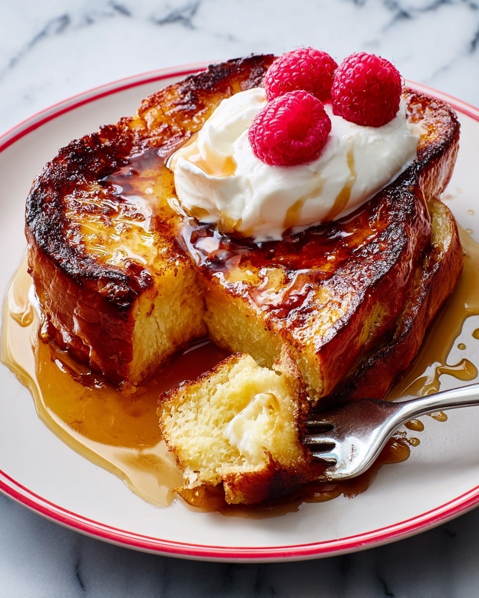 A golden brown French toast piece sits on a white plate with a red rim. The toast has a caramelized, slightly crispy top layer with a shiny syrup glaze pooling around its base. On one side, a silver fork holds a piece of the soft, yellow inside of the toast, showing its fluffy texture. On top of the toast is a dollop of white whipped cream with two bright red raspberries placed beside and on the cream. The plate rests on a white marbled surface. photo taken with an iphone --ar 4:5 --v 7