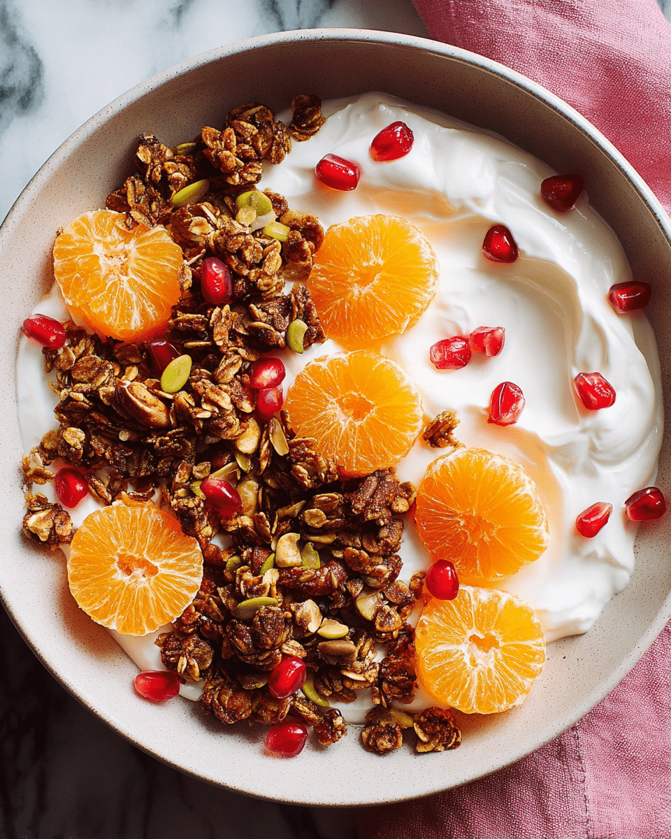 A top view of a bowl with three layers: the bottom layer is thick white yogurt spread in a rough circular shape, the middle layer is crunchy brown granola with visible nuts and oats scattered unevenly over the yogurt, and the top layer has bright orange tangerine slices and shiny red pomegranate seeds placed evenly around the bowl. The bowl is white and sits on a white marbled surface with a pink cloth partially visible on the side. The overall look is fresh and colorful, showing clear contrasts between creamy white, warm brown, bright orange, and red hues. photo taken with an iphone --ar 4:5 --v 7