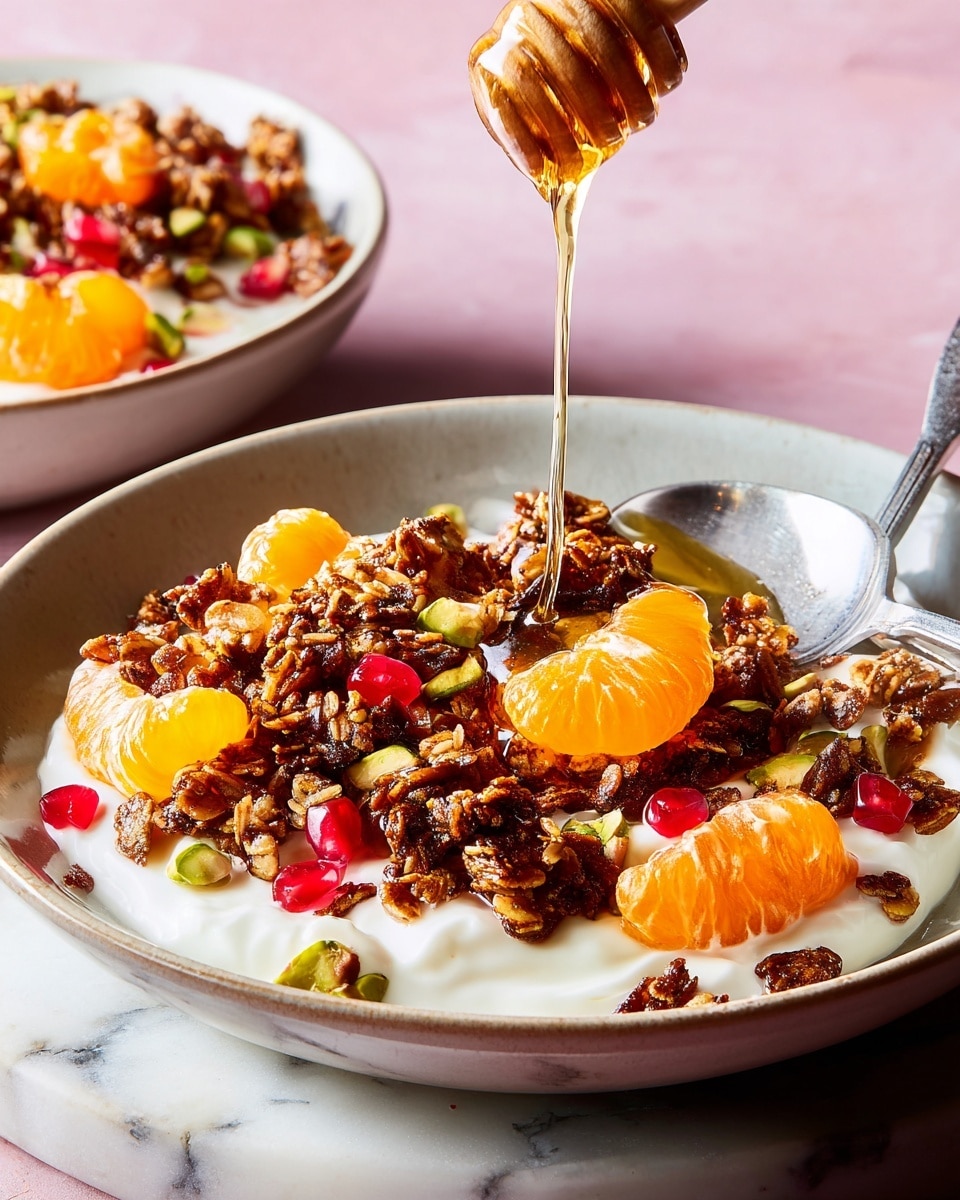 The image shows a close-up of a white bowl filled with creamy white yogurt as the base layer, topped with a generous layer of caramelized granola that appears crunchy and textured in dark brown tones. Scattered on top are bright orange mandarin segments, small red pomegranate seeds, and some green pistachio nuts adding spots of color and variety. A drizzle of golden honey is being poured from a honey dipper onto the granola, adding shine and sweetness. A silver spoon rests inside the bowl on the right side. The bowl sits on a white marbled surface with a soft pink background, and a second similar bowl is blurred in the background. photo taken with an iphone --ar 4:5 --v 7