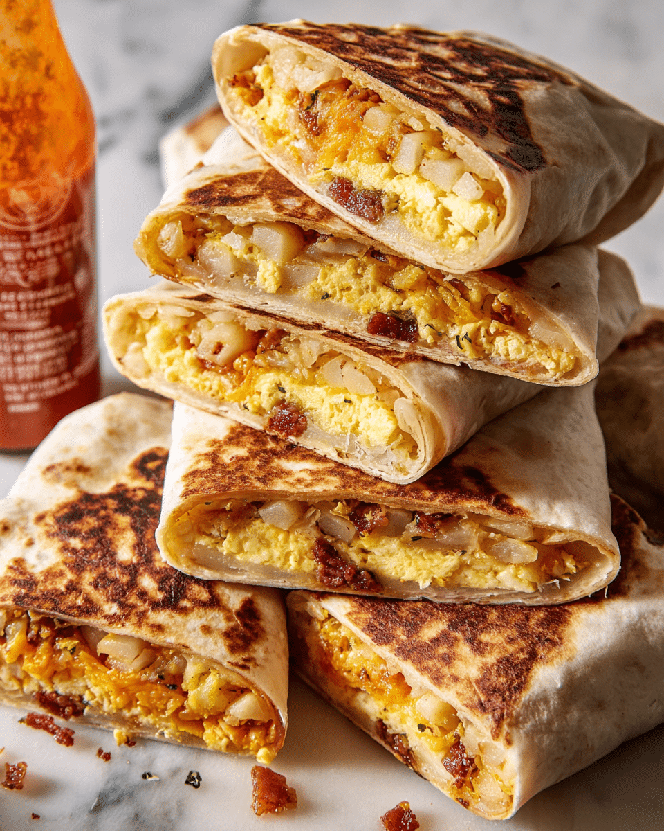 A stack of four folded burritos with golden-brown toasted spots on the white flour tortillas, each cut in half to show three main layers inside: a bottom layer of soft, light tan hashbrowns, a middle layer of fluffy yellow scrambled eggs with bits of pink ham, and a top layer of melted light orange cheese. The burritos rest on a white marbled surface with scattered small crumbs and a bottle of reddish-brown hot sauce placed beside them. Some sauce is drizzled on top of one burrito. photo taken with an iphone --ar 4:5 --v 7