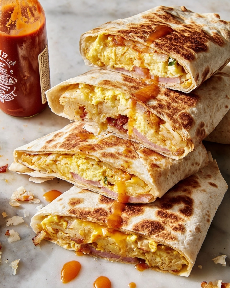The image shows several folded breakfast burritos stacked on a white marbled surface. Each burrito is cut in half, revealing distinct layers inside: a bottom layer of light tan, soft potato hash with visible small bits, a middle layer of fluffy yellow scrambled eggs, and top bits of melted orange cheese mixed with small pieces of browned bacon or sausage. The burrito wraps are golden-brown with some crispy charred spots. On the left side of the image, a bottle of hot sauce with reddish-orange sauce is partially visible. photo taken with an iphone --ar 4:5 --v 7