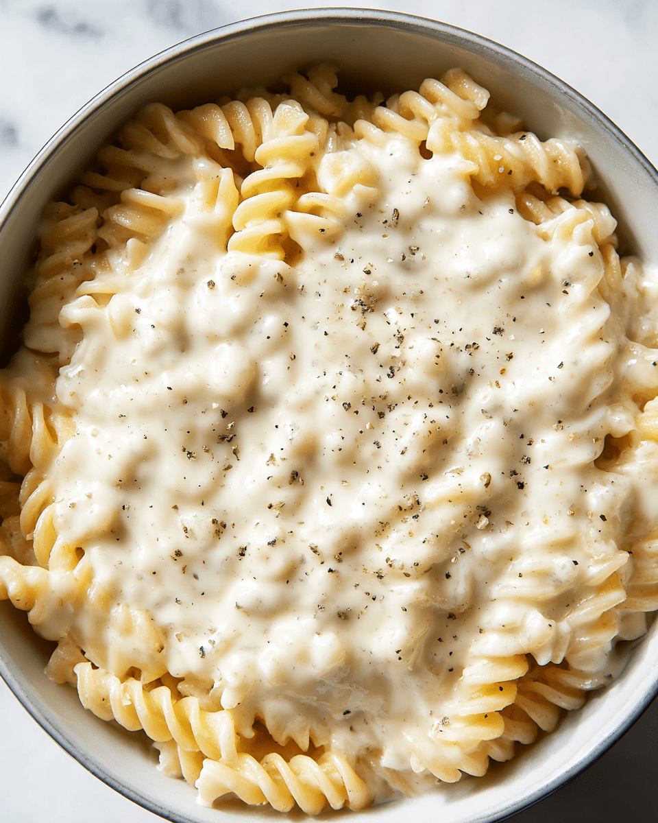 A close-up image shows creamy macaroni salad with three visible layers: the top layer has small spiral-shaped macaroni pasta coated in a thick, smooth off-white sauce with tiny green herb specks; the middle layer is a wooden spoon smeared with more of the creamy sauce, blending into the pasta; the bottom layer shows more macaroni hiding in the shadows of the spoon. The texture looks rich and gooey, and the photo is taken on a white marbled surface. photo taken with an iphone --ar 4:5 --v 7