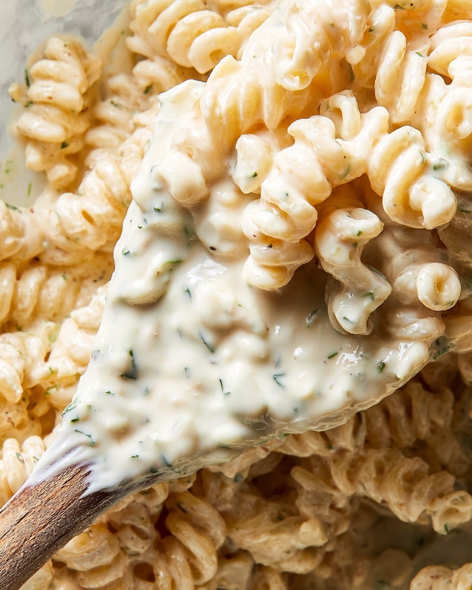 A close-up view of a bowl filled with creamy macaroni pasta coated in a smooth, white cheese sauce. The pasta is spiral-shaped and light yellow, layered evenly beneath a thick layer of rich, silky white cheese sauce, speckled with small flecks of black pepper and herbs. The bowl is white, and the background shows a clean white marbled surface. photo taken with an iphone --ar 4:5 --v 7