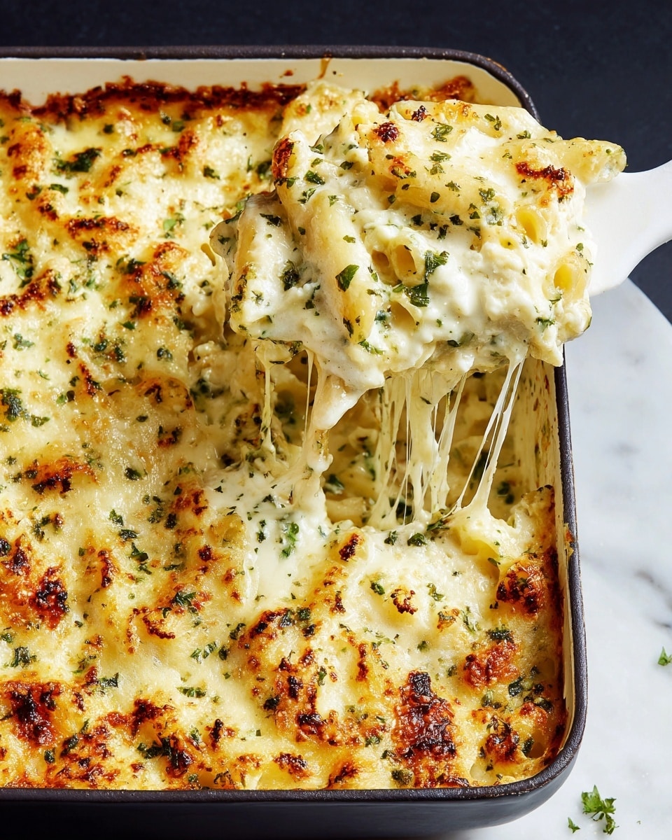 A white baking dish filled with a baked pasta dish featuring two visible layers; the top layer is golden-brown melted cheese with scattered green herb pieces, creating a creamy and slightly bubbly texture, while the bottom layer consists of creamy pasta mixed with herbs, visible as a dense and soft base. A portion is being lifted from one corner, showing long white melted cheese strands stretching between the dish and the white spatula holding the pasta, enhancing the gooey and rich texture. The dish sits on a white marbled surface. photo taken with an iphone --ar 4:5 --v 7