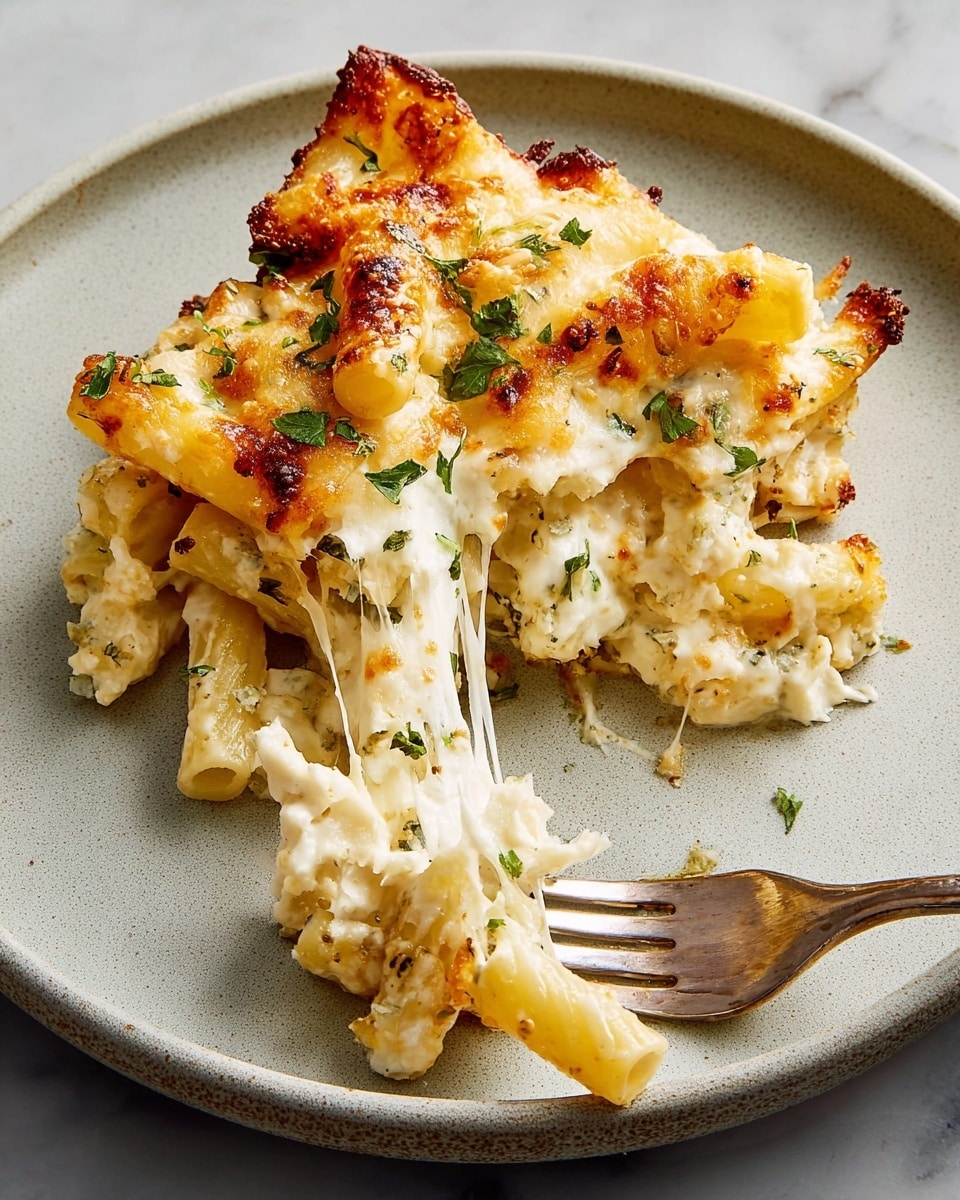 A serving of baked pasta on a large white plate with a rough texture, showing three main layers: a golden browned cheesy top with browned edges, beneath that a creamy white cheese layer mixed with white pasta tubes, and scattered green herb pieces on top. Some melted cheese stretches from the pasta held by a fork at the bottom of the image. The plate is set on a white marbled surface. photo taken with an iphone --ar 4:5 --v 7