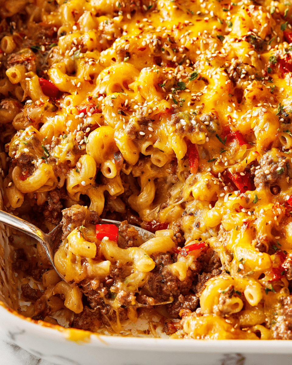 A close-up view of a baked macaroni casserole in a white dish, showing one thick top layer of melted golden-yellow cheddar cheese with sesame seeds sprinkled across it. Under the cheese is a dense mix of elbow macaroni pasta in a light sauce, browned ground meat, small chunks of translucent cooked onions, and bright red pepper pieces, all combined evenly throughout. A silver spoon scoops into the casserole, revealing the layered textures of pasta and meat inside, all set on a white marbled surface. Photo taken with an iphone --ar 4:5 --v 7