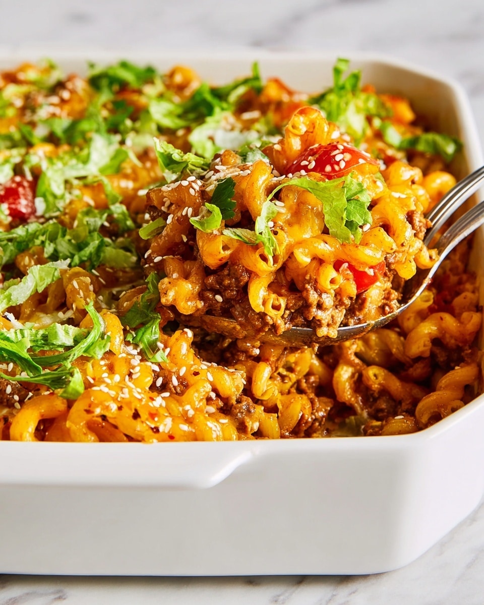 The image shows a close-up of a pasta dish in a white square casserole dish with a metal spoon scooping up a portion. The dish has two main layers: the pasta, which is curly and golden-brown, mixed with ground meat and small pieces of tomato, all covered with melted orange cheese. On top, there are green lettuce pieces and white sesame seeds scattered evenly, adding fresh green and light texture contrasts. The background is a white marbled texture. Photo taken with an iphone --ar 4:5 --v 7