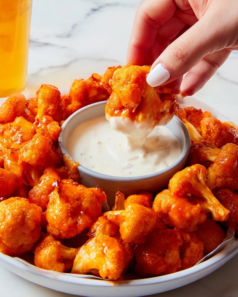 A white bowl filled with many pieces of bright orange buffalo cauliflower bites, each piece showing a crispy texture with a glossy, saucy coating; in the center sits a smaller gray bowl filled with creamy white ranch dipping sauce. Above the bowl, a woman's hand with light-colored nail polish dips one buffalo cauliflower piece halfway into the sauce. The background is a white marbled texture, slightly blurred. photo taken with an iphone --ar 4:5 --v 7