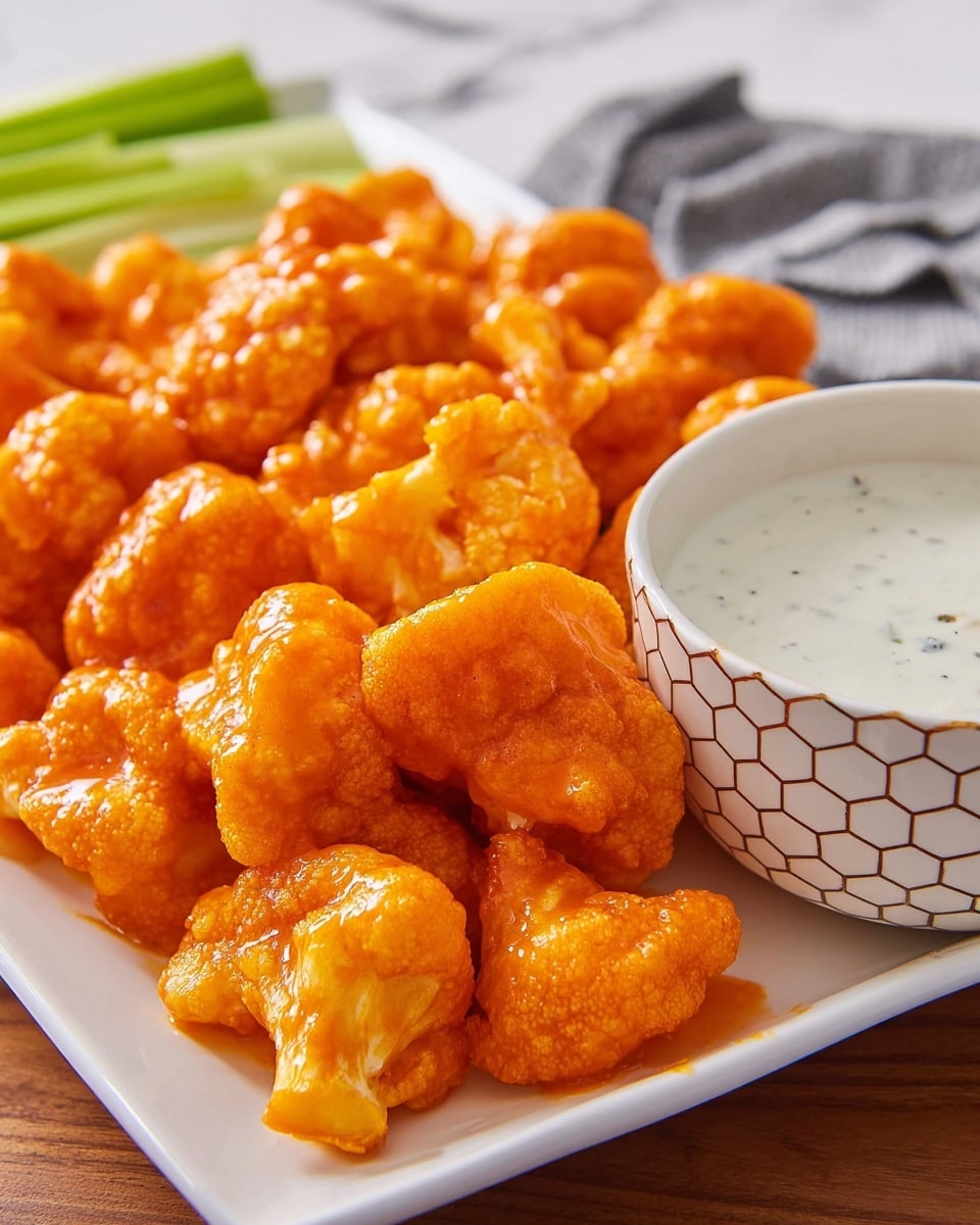 A white rectangular plate filled with many bright orange buffalo cauliflower bites, each piece coated in a smooth, shiny sauce giving a crispy texture look. To the right of the plate is a small white bowl with a honeycomb pattern, filled with creamy white ranch dipping sauce with tiny black specks. The plate and bowl sit on a white marbled surface with a blurry cloth and celery sticks in the background. photo taken with an iphone --ar 4:5 --v 7