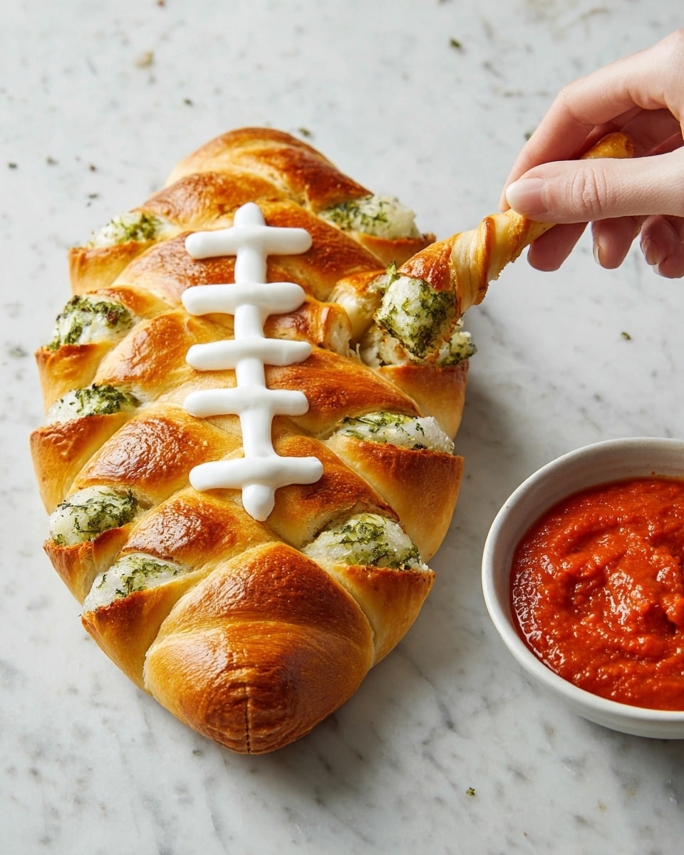 A football-shaped bread with a golden-brown crust is shown on a white marbled surface. The bread has two solid end layers resembling the ends of a football, with the middle section made of nine twisted sticks, each showing a green herb filling inside the golden dough. On top of the middle section, white cream is piped to look like the laces of a football, with two curved lines on each end for decoration. To the right, a white bowl holds red marinara sauce with one twisted bread stick dipped in it. A woman's hand is pulling one twisted bread stick from the left side of the bread. Photo taken with an iphone --ar 4:5 --v 7