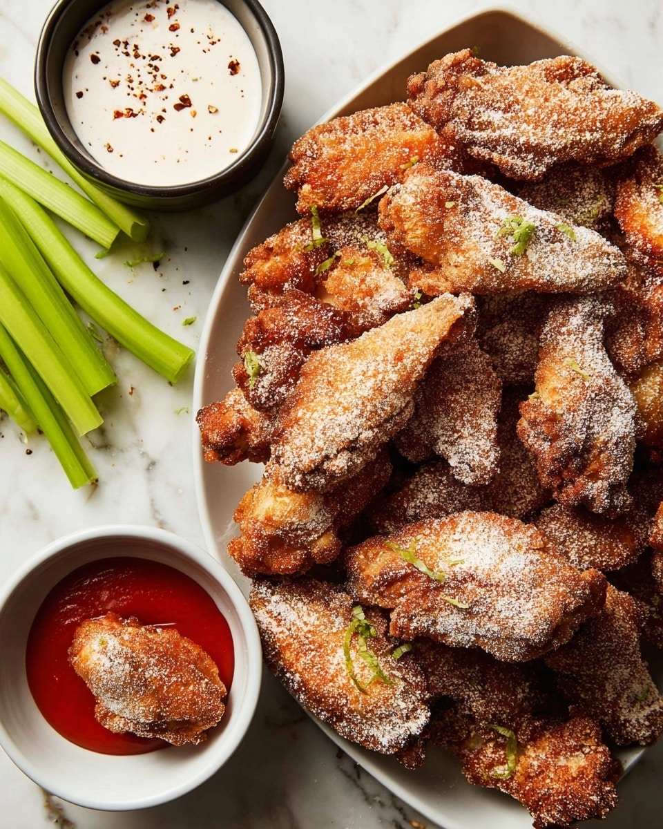 A white square plate is full of golden-brown fried chicken wings coated with a light dusting of white powder, showing a crispy texture with small green herb bits on some pieces; to the left, a white round bowl holds bright red dipping sauce with one wing dipped inside, and above it, a smaller white round bowl contains a creamy white sauce with pepper flakes; fresh green celery sticks lie scattered around the bowls, all set on a white marbled surface photo taken with an iphone --ar 4:5 --v 7