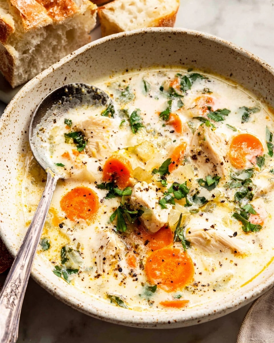 A white speckled bowl filled with creamy soup, showing visible layers of tender orange carrot slices, small pale chunks of chicken, and bright green fresh herbs sprinkled on top, all mixed in a thick off-white broth with black pepper seasoning dotted throughout; a silver spoon rests inside the bowl on the left side, while pieces of bread are stacked in the background on a white marbled surface. photo taken with an iphone --ar 4:5 --v 7