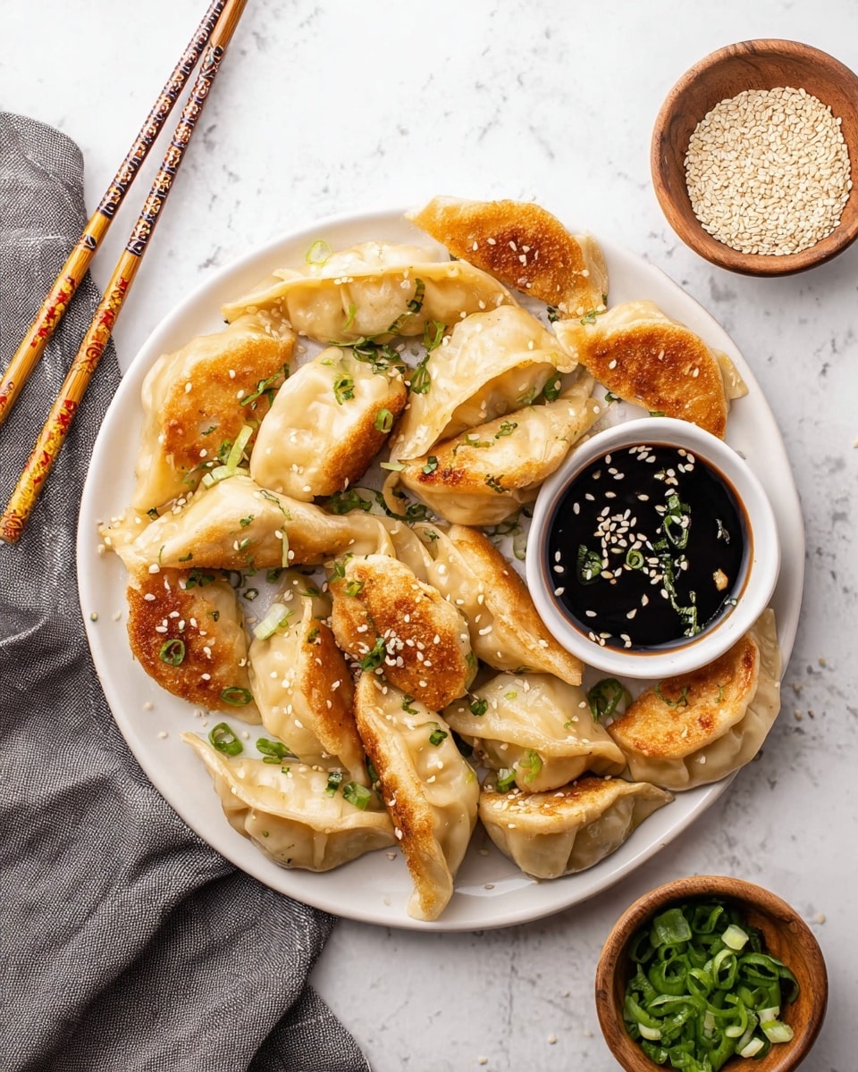 A white plate filled with about twenty golden-brown dumplings, some showing a crispy fried side and others a soft steamed side, sprinkled with white sesame seeds and small green onion pieces. A small white bowl with dark soy sauce topped with sesame seeds and green onion sits near the top center of the plate. The plate is placed on a white marbled surface, with a pair of decorated wooden chopsticks on the left, a gray cloth near the bottom left, and two small wooden bowls on the right—one filled with green onions and the other with white sesame seeds. photo taken with an iphone --ar 4:5 --v 7