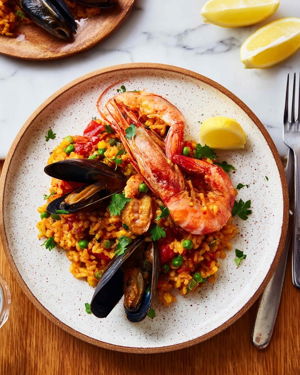 A white speckled plate holds one serving of seafood paella, layered with orange-yellow rice mixed with small pieces of red bell pepper, green peas, and bits of sausage. On top, there are two large cooked prawns with pink and red shells, and three black mussels with open shells showing orange flesh inside. Bright green parsley leaves are scattered on the rice, and a yellow lemon wedge sits on the right edge of the plate. The plate is set on a wooden table with two lemon wedges near the top right and a fork placed to the left. The background surface is white marbled texture. Photo taken with an iphone --ar 4:5 --v 7