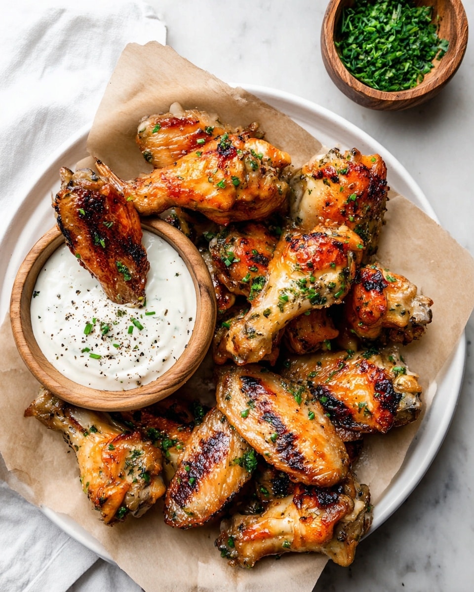 A white plate lined with light brown parchment paper holds around a dozen grilled chicken wings that are golden brown with some charred spots and garnished with small green herbs. On the left side, a small wooden bowl is filled with white creamy sauce sprinkled with chopped green herbs and black pepper. A woman's hand is dipping one of the golden chicken wings into the sauce. The whole setting is on a white marbled texture. photo taken with an iphone --ar 4:5 --v 7