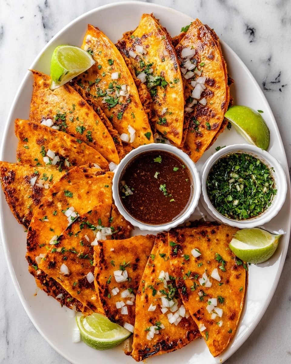 A white oval plate holds nine folded quesadillas arranged in a slightly overlapping pattern, each quesadilla having a golden orange crispy outer layer with some darker charred edges and sprinkled with chopped white onions and green cilantro leaves. The quesadillas' filling peeks out slightly, showing a rich, darker color. Three lime wedges are placed around the plate, adding fresh green pops. Two small white bowls sit on the plate, one filled with a dark red-brown sauce topped with chopped cilantro, and the other filled with finely chopped green cilantro. The whole setting rests on a white marbled textured surface. Photo taken with an iphone --ar 4:5 --v 7