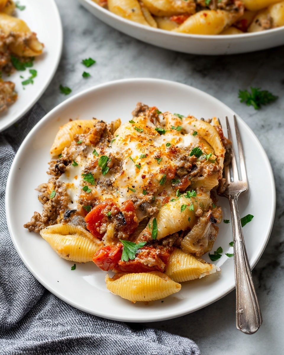 A white plate filled with a pasta bake consisting of three main layers: the bottom layer has shell pasta in a creamy texture with a pale yellow color, the middle layer is a mix of browned ground beef with small bright red tomato pieces, and the top layer is melted cheese that is golden and slightly crisped, sprinkled with green parsley bits. A silver fork rests on the right side of the plate, and the plate sits on a white marbled textured surface with a nearby gray cloth. Photo taken with an iphone --ar 4:5 --v 7