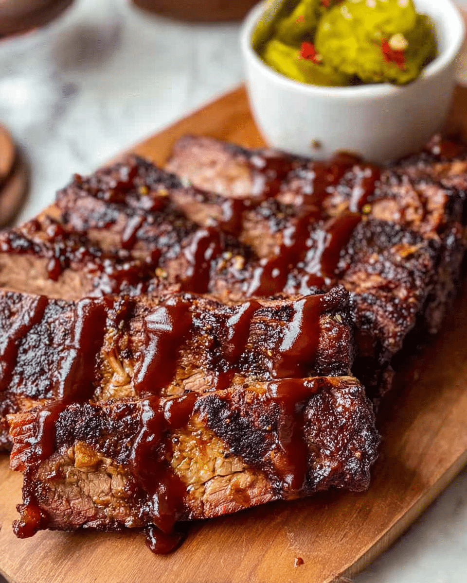 The image shows a close-up of two thick layers of grilled meat slices placed on a wooden board, each slice topped with dark reddish-brown barbecue sauce drizzled in lines. The meat's surface is textured with grill marks and a crispy, slightly charred crust with visible fibers. Behind the meat, part of a small white bowl filled with light green pickles and red pepper flakes is visible on the right side, all set on a white marbled surface. photo taken with an iphone --ar 4:5 --v 7