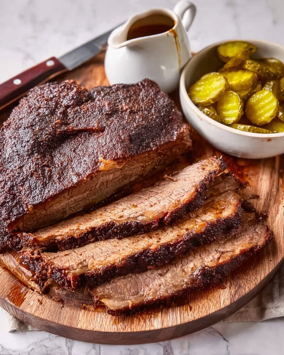 A close-up of a cooked brisket resting on a round wooden board, with three thick slices cut from it showing a brown, juicy inside and a dark, crusty outer bark. On the right side, there is a white bowl filled with sliced pickles coated in a grainy mustard sauce. Behind the brisket, a white sauce container with a small spout is placed. A large knife with a wooden handle lies horizontally next to the bowl. The scene is set on a white marbled texture. Photo taken with an iphone --ar 4:5 --v 7