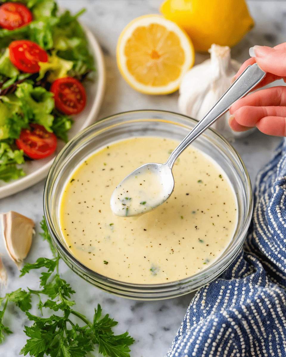 A clear glass bowl filled with creamy garlic dressing that is light yellow with small green and black specks, held near the top right by a woman's hand holding a silver spoon dipping into the dressing; in the background, there are two bulbs of garlic, a bright yellow half lemon, a green salad with red cherry tomatoes on a white plate, and fresh parsley leaves near the bottom left on a white marbled surface; a blue and white striped cloth with black dots is partially visible at the bottom right corner. photo taken with an iphone --ar 4:5 --v 7