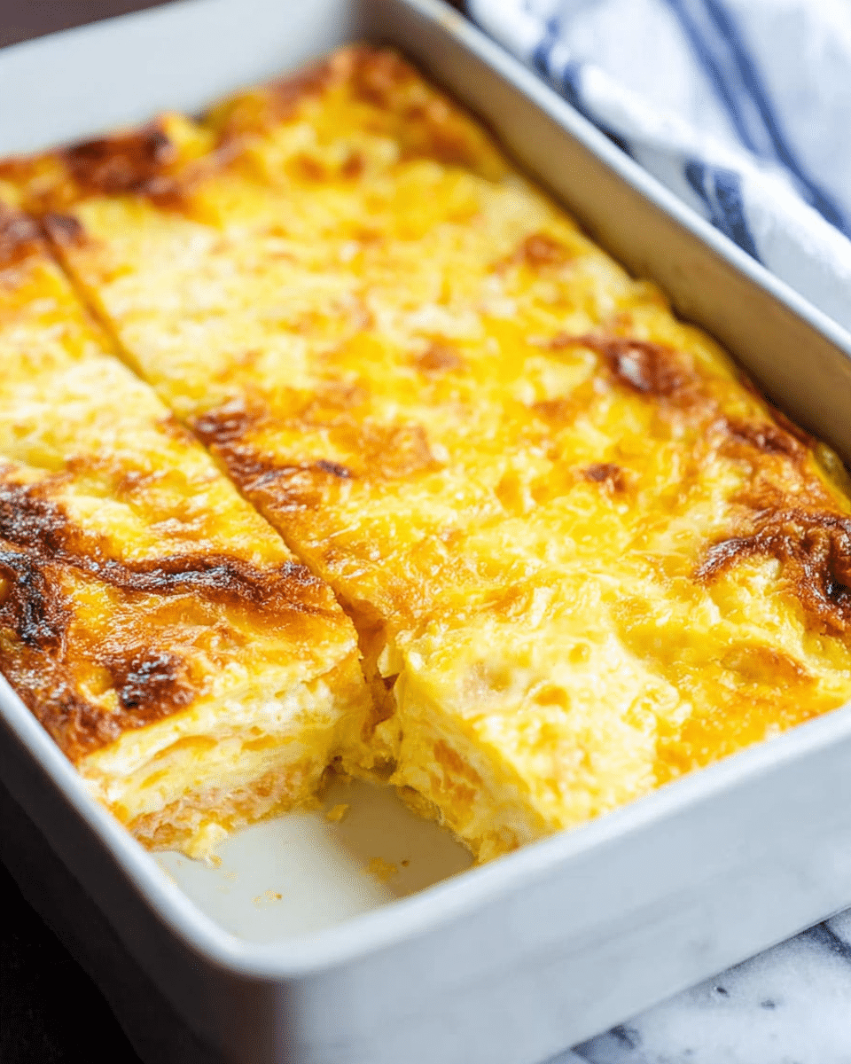 A close-up of a white rectangular baking dish filled with four square pieces of baked cheesy casserole. The dish has a golden-yellow melted cheese layer on top with some browned spots, and a creamy, slightly textured surface. The casserole appears thick with visible layers of soft, light orange and yellow cheese. The background shows a white marbled texture with a blue and white striped cloth partially visible. Photo taken with an iphone --ar 4:5 --v 7
