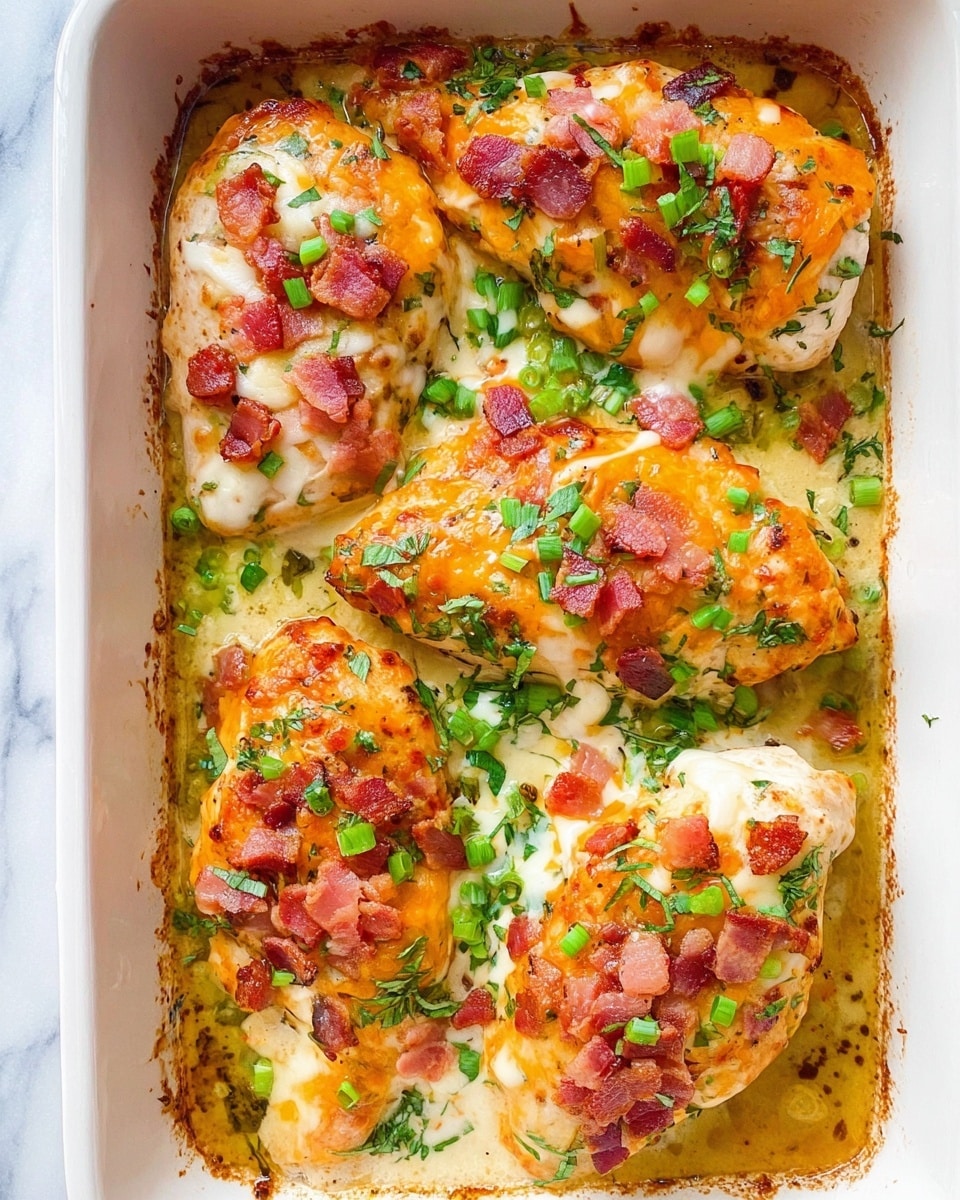 The image shows a white baking dish filled with six chicken breasts covered in melted layers of white and orange cheese, with crispy small pieces of reddish-brown bacon scattered on top. Bright green chopped scallions and fresh green herbs are sprinkled around and on the chicken, adding color contrast. The cheese appears gooey and slightly browned in some spots, giving a rich texture. The dish looks juicy with some light sauce pooling around the edges. The background features a white marbled surface. photo taken with an iphone --ar 4:5 --v 7