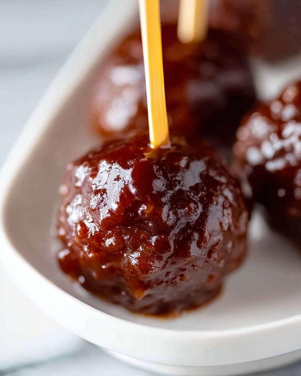 A close-up image of three shiny meatballs covered in a thick, dark brown sauce, each pierced by a thin toothpick, with the closest meatball in sharp focus and the other two blurred behind it. The meatballs sit on a smooth white plate, placed on a white marbled surface, showing the glossy texture and rich color of the sauce. photo taken with an iphone --ar 4:5 --v 7