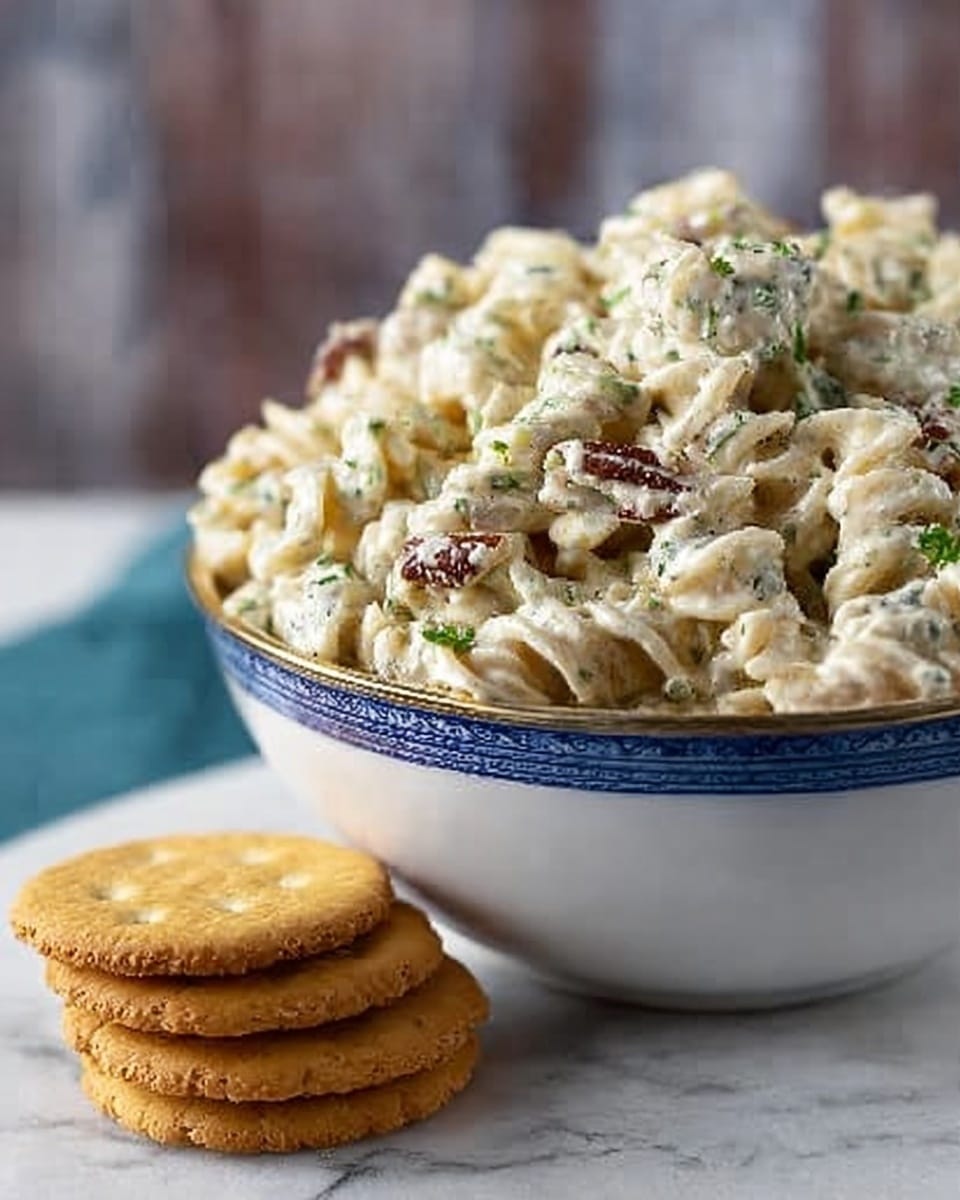 A close-up view of a white bowl with a blue rim filled with creamy pasta salad. The pasta is curly and coated in a thick, light-colored sauce with small green herb bits sprinkled throughout, mixed with visible pieces of pecans. In front of the bowl, there are three round golden crackers stacked slightly in a pyramid shape. The scene is set on a white marbled surface with a blurred background. photo taken with an iphone --ar 4:5 --v 7