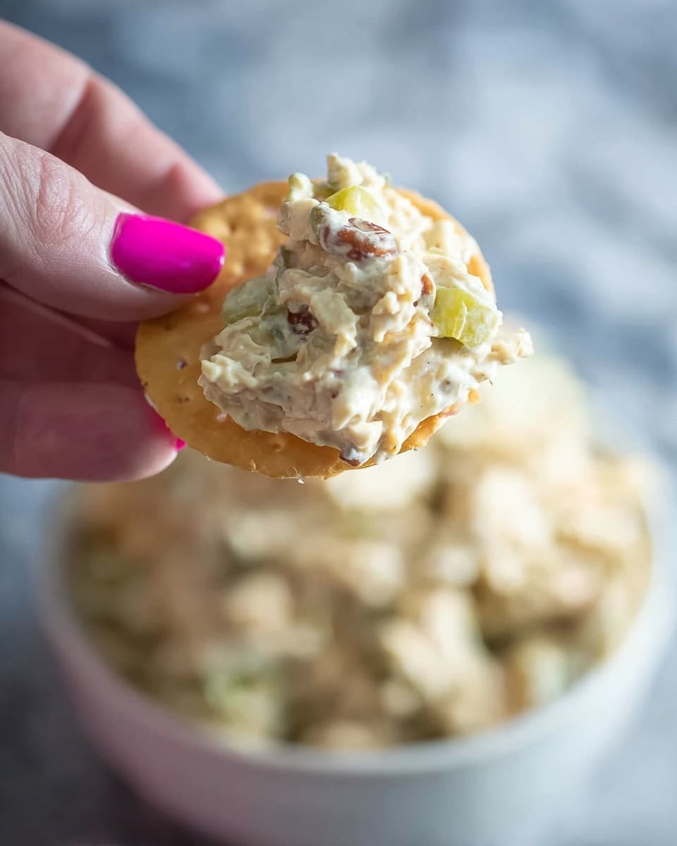 A woman's hand with bright pink nail polish is holding a round, light tan cracker topped with a creamy, chunky mixture that looks like a chicken salad containing small pieces of chicken, celery, and possibly nuts. Below the cracker, a white bowl filled with the same creamy chicken salad is slightly out of focus. The background is a soft blur with a white marbled texture surface underneath. Photo taken with an iphone --ar 4:5 --v 7