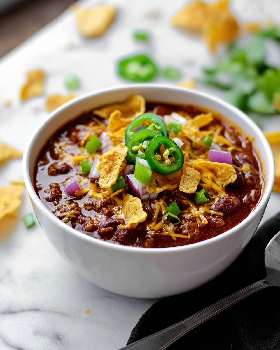 A white bowl filled with thick, dark red chili as the base layer, topped with melted yellow and white shredded cheese that adds a gooey texture. Scattered on top are pieces of crushed, light brown crispy corn chips and small chunks of purple onion. Bright green sliced jalapeños rest on the very top, along with some thin green scallion slices for a fresh touch. The bowl sits on a white marbled surface with some blurred green herbs and more chips in the background, and a woman's hand holding a knife is slightly visible. photo taken with an iphone --ar 4:5 --v 7