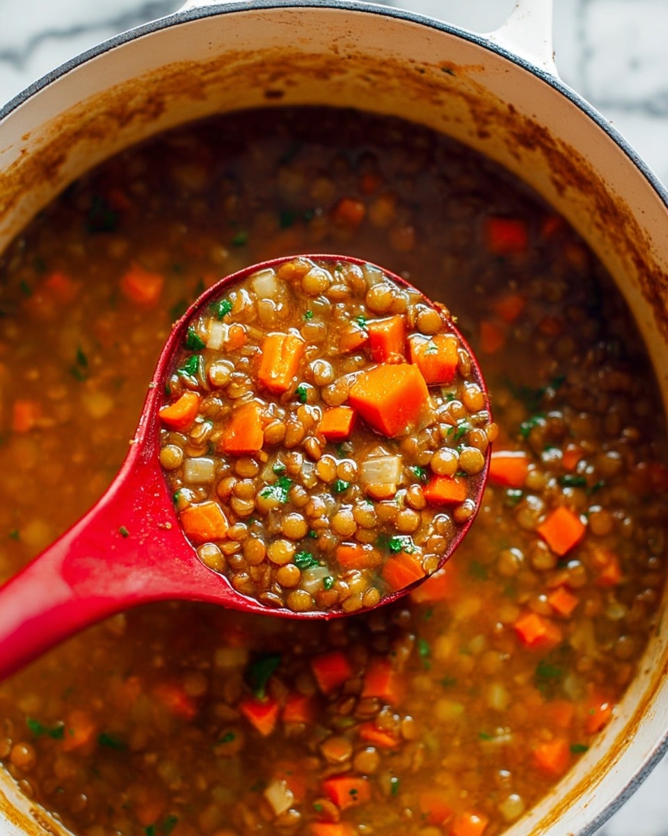 A close-up view of a deep pot filled with lentil soup showing a red ladle scooping the soup; the soup has three main visible layers with light brown broth base, orange diced carrots, and green herb bits scattered throughout. The pot has a white inside with some brown residue marks near the edge. The ladle is bright red and is submerged in the soup, lifting a portion that highlights the chunky texture of the lentils and carrots. The background is a white marbled texture. photo taken with an iphone --ar 4:5 --v 7