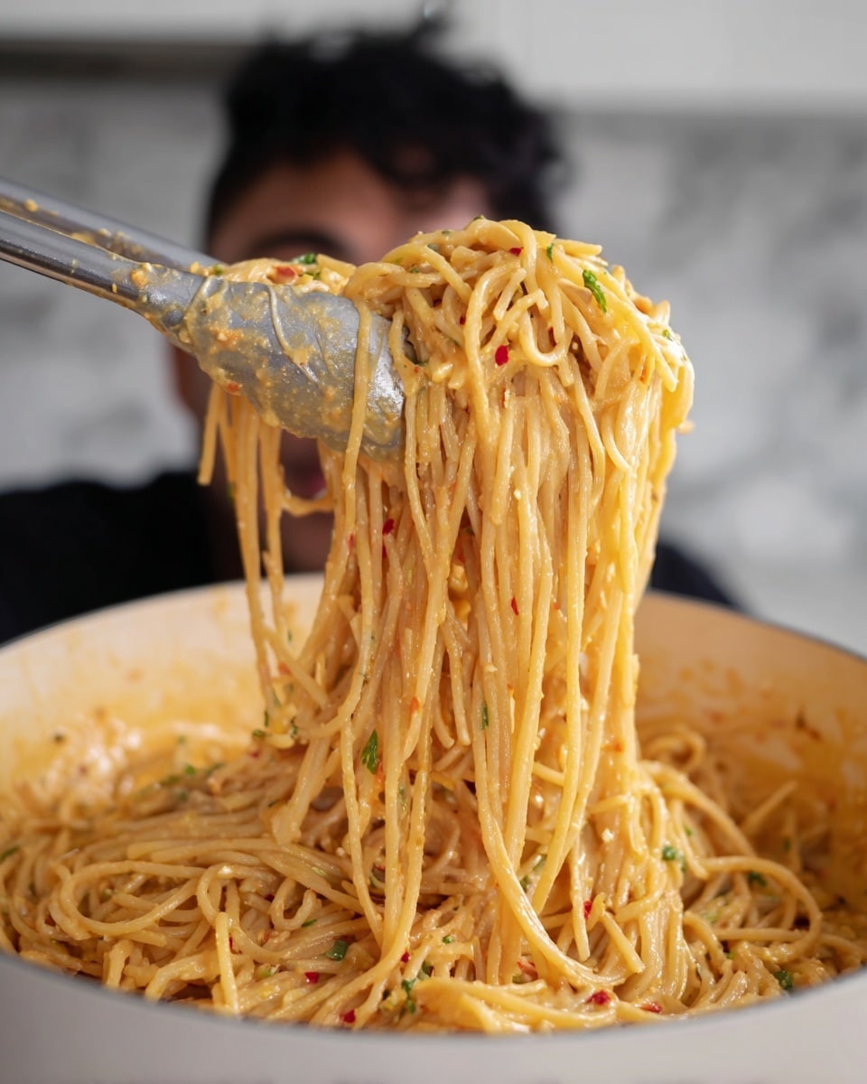 A close-up view of creamy spaghetti pasta being lifted with silver tongs from a large white pot. The noodles are long and coated thickly in a light orange sauce with visible bits of green herbs and small red pepper flakes spread throughout. The pasta appears smooth and glossy with a slight stretchiness, showing a rich and saucy texture. The background is softly blurred with a white marbled texture, and part of a person's face is visible behind the spaghetti, partially obscured by the noodles. photo taken with an iphone --ar 4:5 --v 7