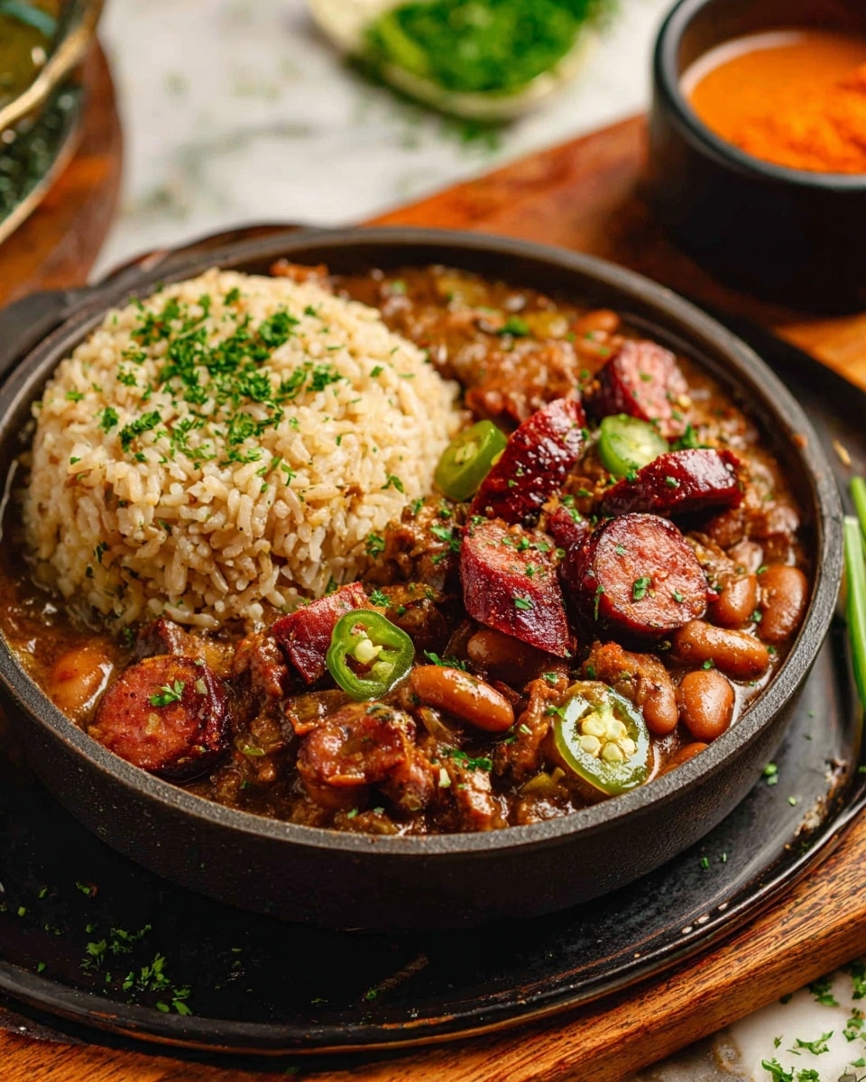The image shows a round black bowl filled with a dish that has two main parts: on the left side, a mound of light beige rice topped with finely chopped green herbs, and on the right side, a rich stew containing brown beans and chunks of meat immersed in a thick brown sauce. On top of the stew are several pieces of dark red sausage with a slightly crispy texture, garnished with small slices of green chili peppers and green herbs. The bowl rests on a dark tray placed on a wooden surface, with some scattered green herbs nearby and a small black bowl of reddish-orange sauce blurred in the background. The setting has a warm and rustic feel with a white marbled texture visible under some elements. Photo taken with an iphone --ar 4:5 --v 7